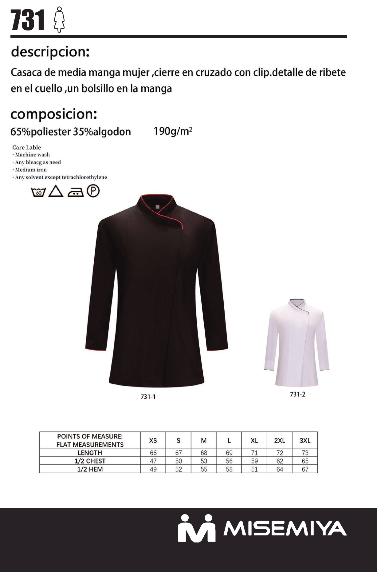 Chaquetas Cocinera MUJER 731 - MISEMIYA Uniformes de Trabajo